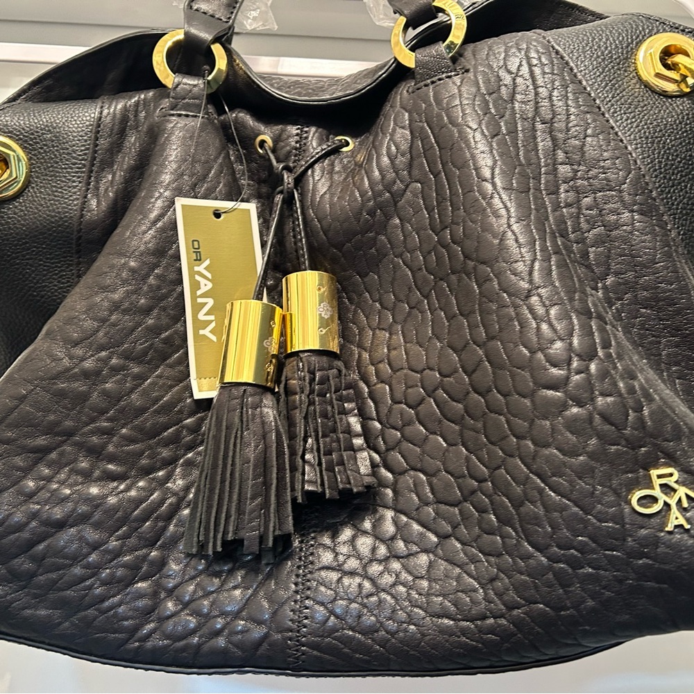 BRAND NEW Beautiful orYANY Black Leather Shoulder Bag with Gold Accents